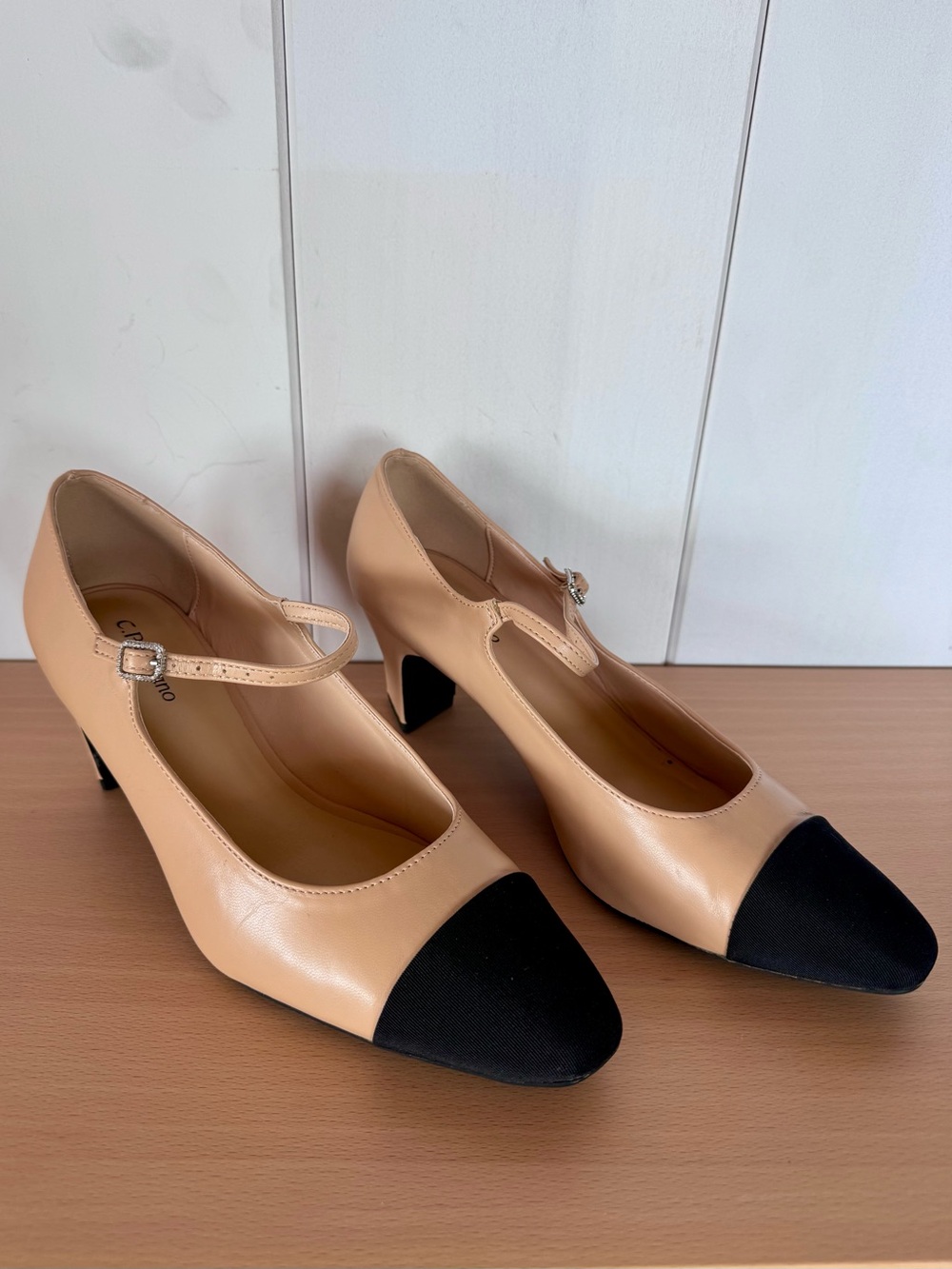 C.Paravano Beige and Black Two-Tone Mary Jane Heels